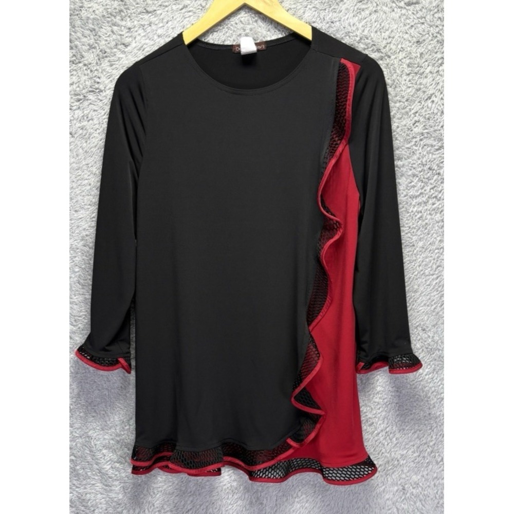 Vtg Design Todays Medium Top Black Red Lace Ruffles Liquid Knit Office USA